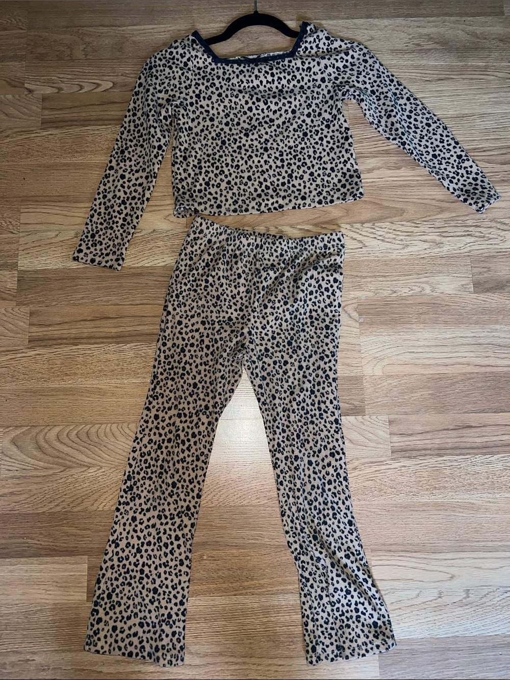 Kids Beige Leopard Print Pajama Set - Long Sleeve Top & Pants